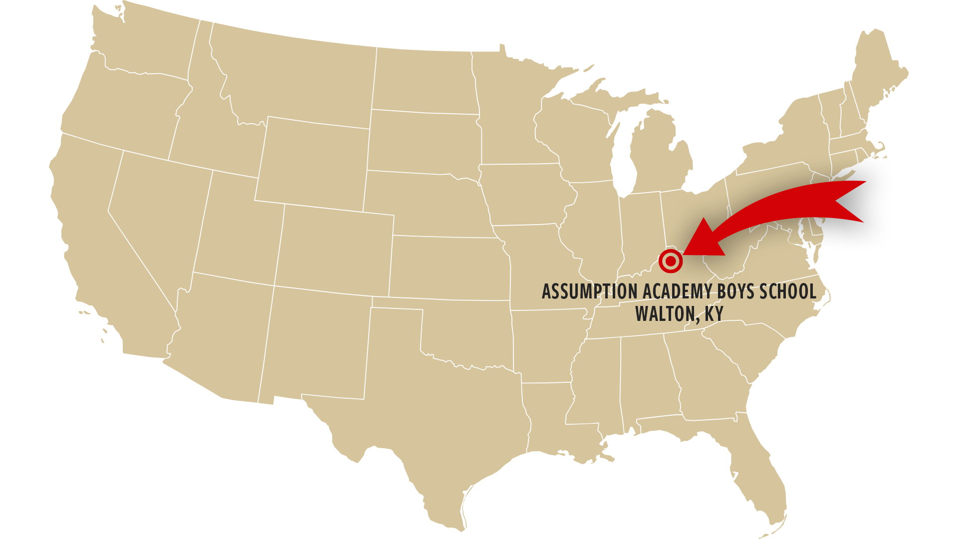 Map of the US indicating where the academy is located in Walton, Kentucky
